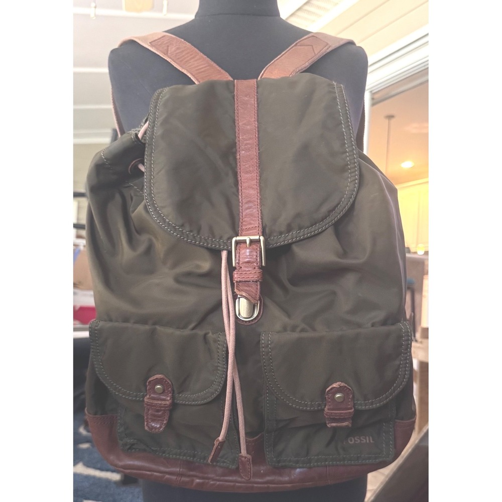 Fossil Estate Olive Nylon Leather Rucksack Backpack MBG9262 Mens 2014 17x17x6"